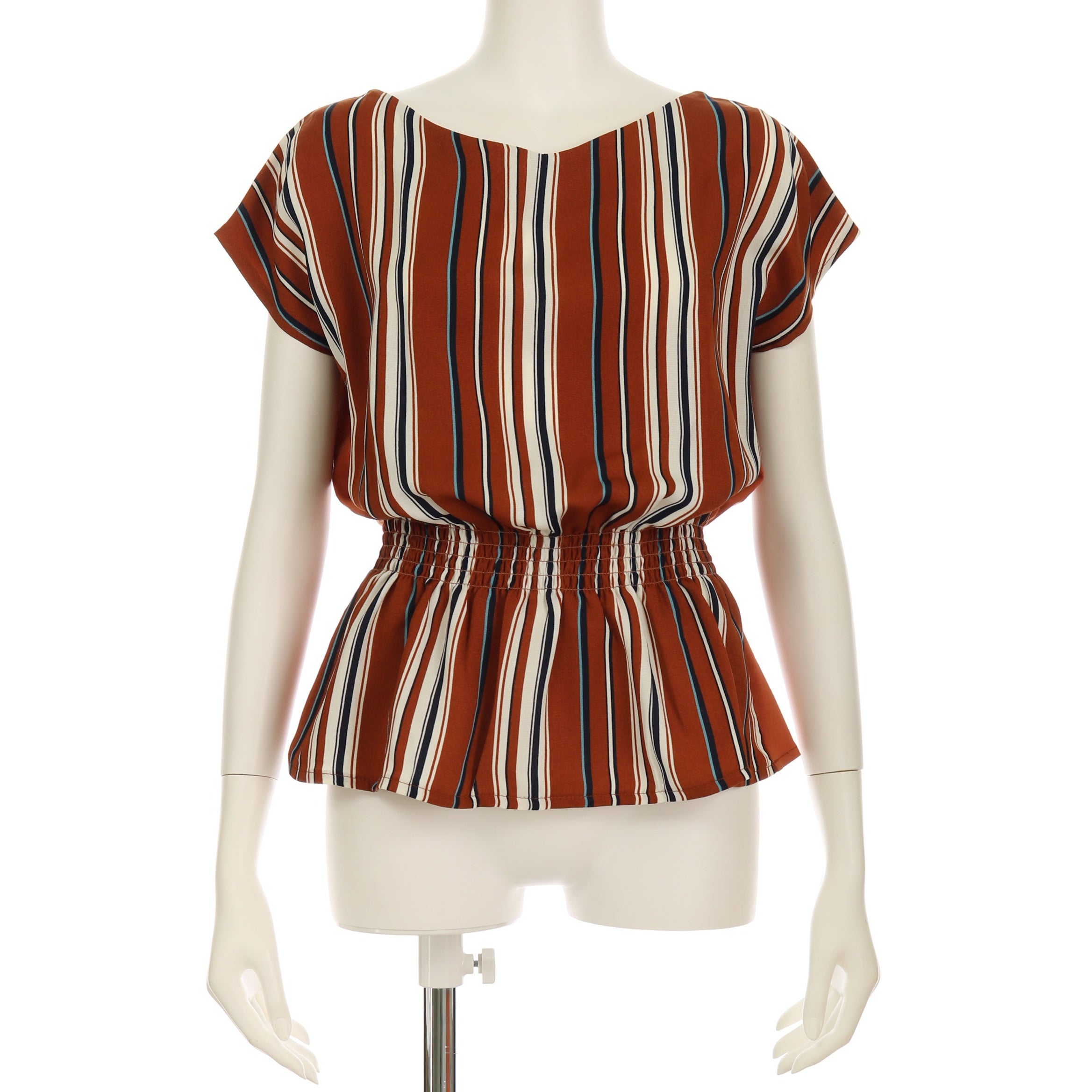 切り替えウエストシャーリングストライプ柄ペプラムブラウス