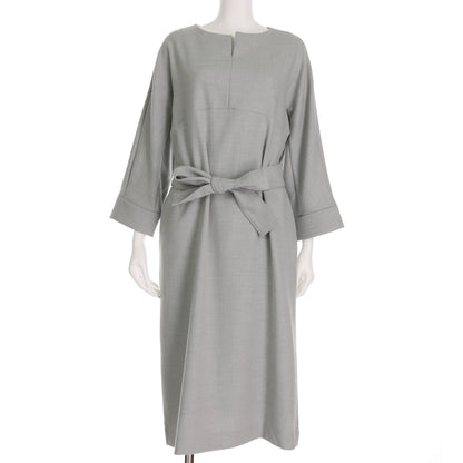 オープンフロントネックウエストリボンベルト付きワンピース