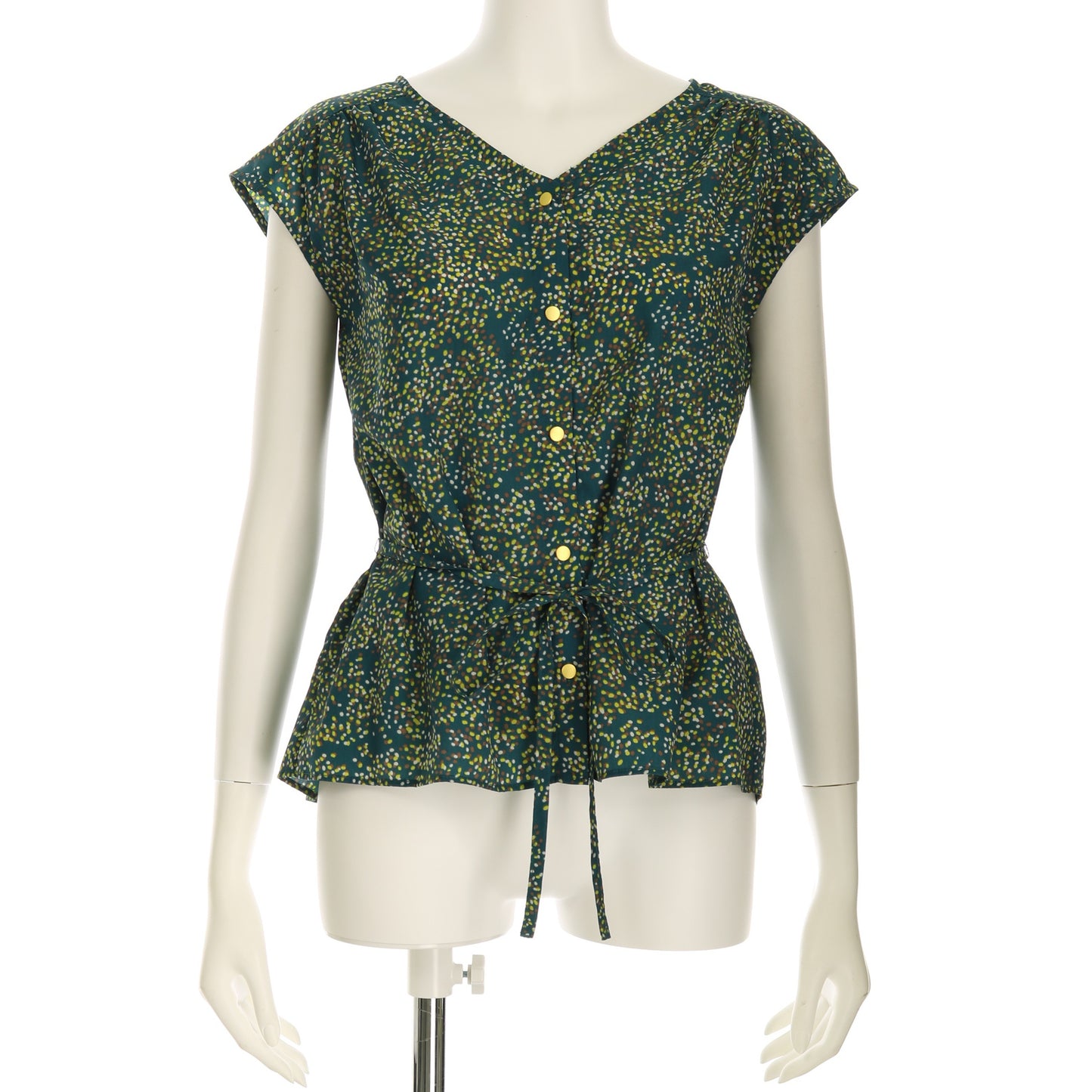 デシンドットプリントウエストリボン付き総柄ブラウス