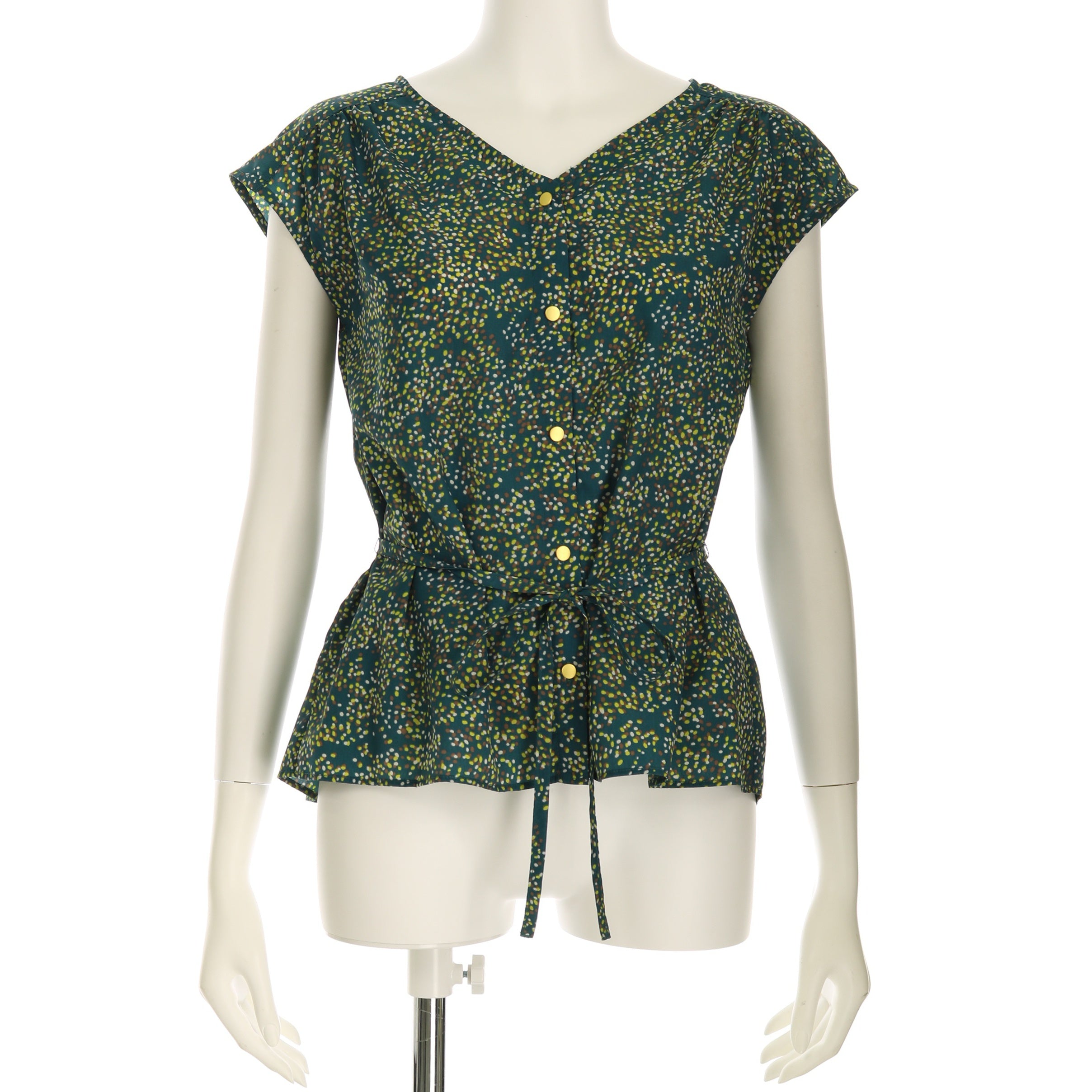 デシンドットプリントウエストリボン付き総柄ブラウス