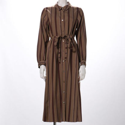 リボンベルト付きストライプ柄シャツドレス