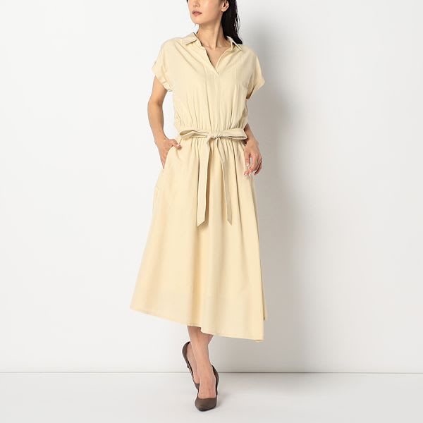 ウエストリボン付きスキッパーネックワンピース