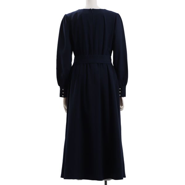 ウエストリボンパールデザインスクエアネック長袖ワンピース