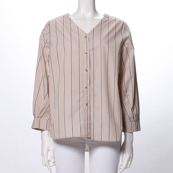 コットンストライプ飾りボタンVネックブラウス
