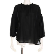 ストライプドロップショルダーヘンリーネックブラウス