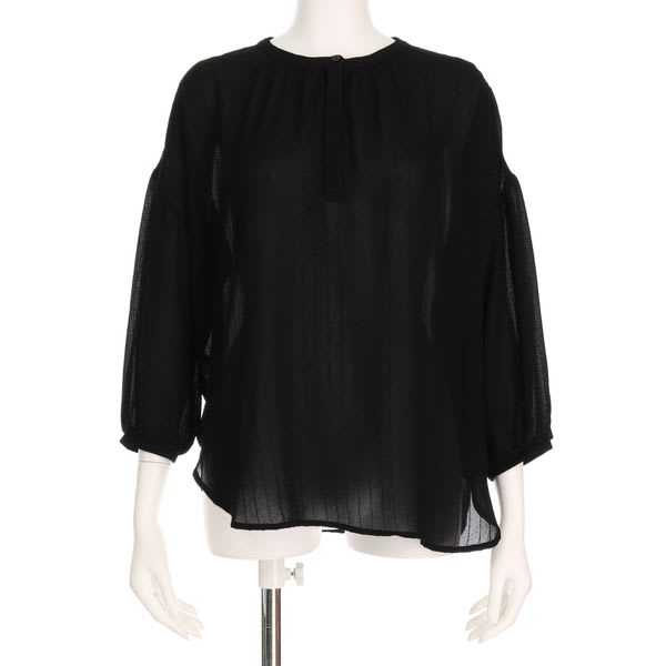 ストライプドロップショルダーヘンリーネックブラウス