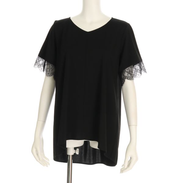 袖口レース切り替えVネックカットソー