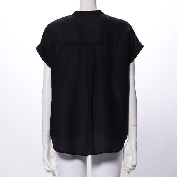 お袖折り返しデザインバンドカラーブラウス