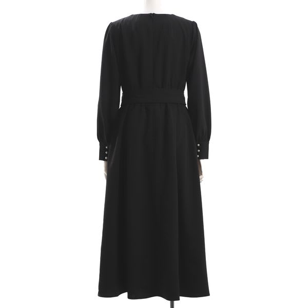 ウエストリボンパールデザインスクエアネック長袖ワンピース