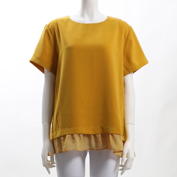 裾異素材切り替えラウンドネックブラウス