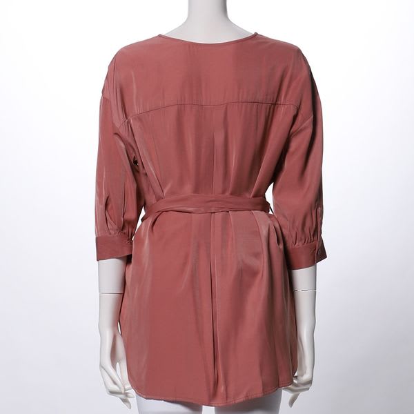 ウエストリボン付きオープンフロントネックブラウス