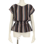 切り替えウエストシャーリングストライプ柄ペプラムブラウス