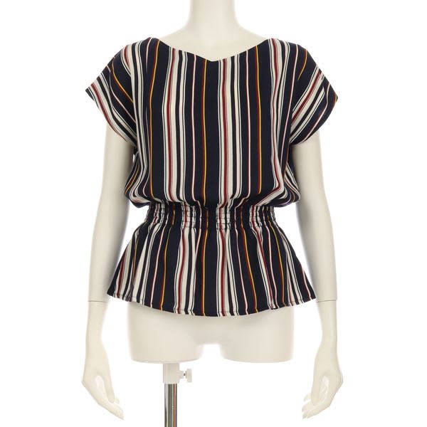 切り替えウエストシャーリングストライプ柄ペプラムブラウス