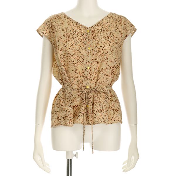 デシンドットプリントウエストリボン付き総柄ブラウス