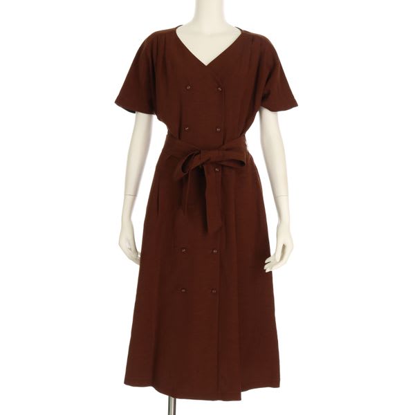 前開きダブルボタンリボンベルト付きワンピース