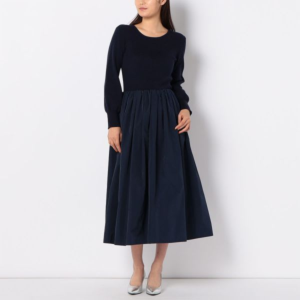 リブニットとギャザーフレアスカートのドッキングワンピース