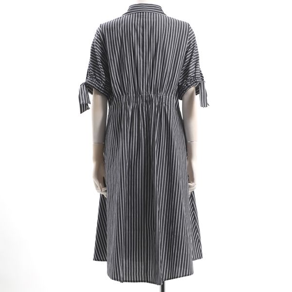 袖口リボンストライプ柄シャツワンピース