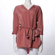 ウエストリボン付きオープンフロントネックブラウス