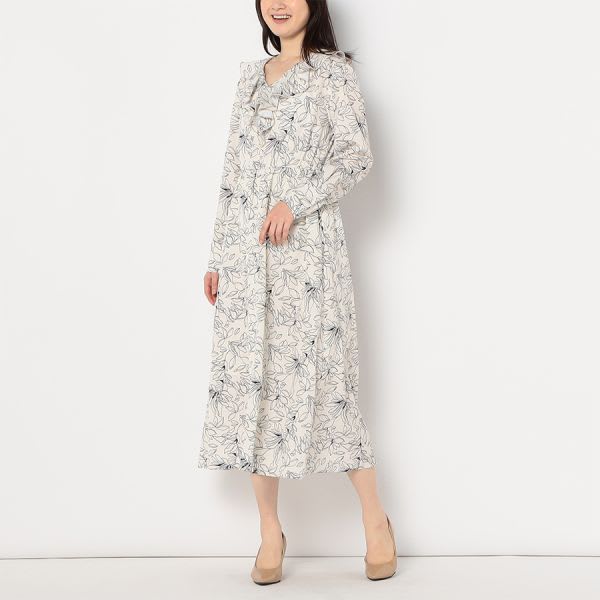 フリルアクセント総柄ワンピース