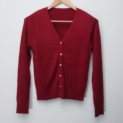 Vネックリブ編みカーディガン