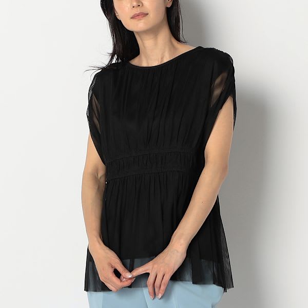 シアー素材ギャザーデザインブラウス