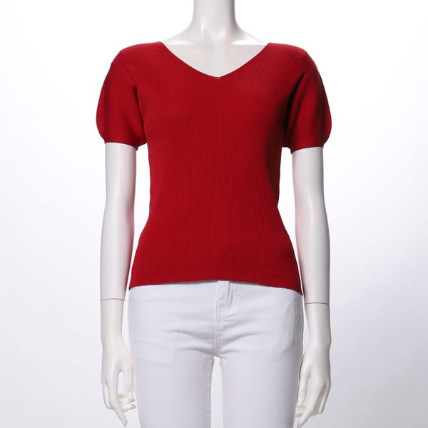 Vネックパフスリーブニット