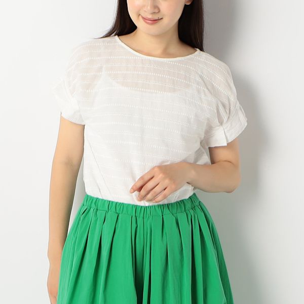 綿ストライプ透かし刺繍ブラウス