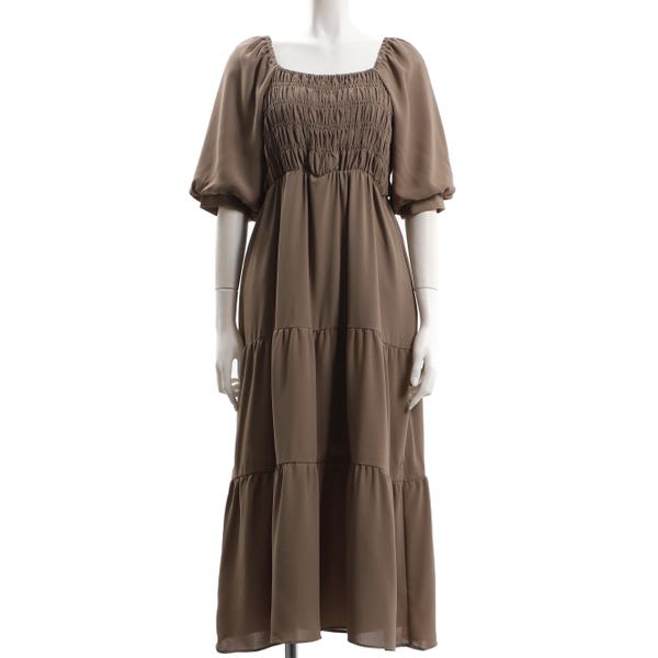 無地デシンシャーリングティアードワンピース