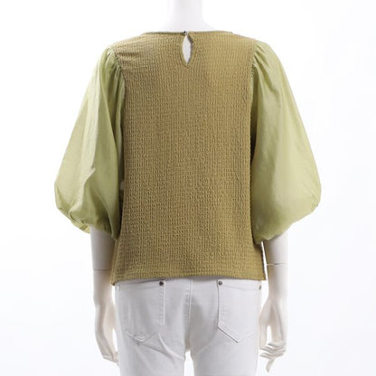 異素材切り替えボリュームスリーブブラウス