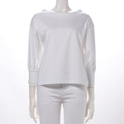 バックボタン飾り釦デザインドロップショルダーカットソー