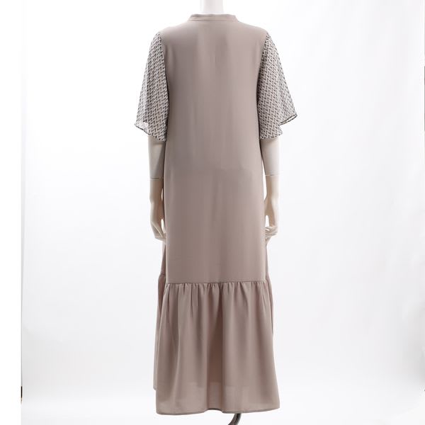 柄袖フレア裾切り替えティアードワンピース