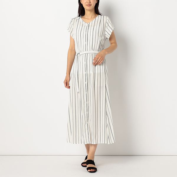 ストライプ透け感ロングシャツワンピース