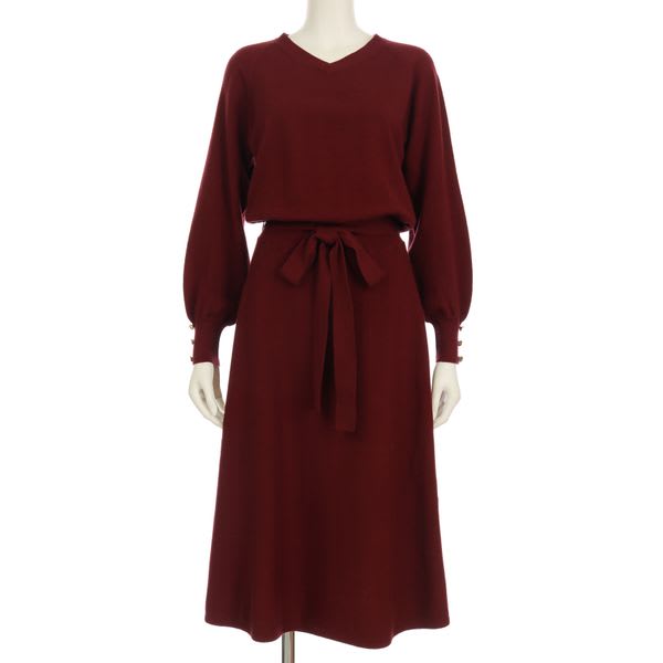 ウエストリボンベルト付きニットワンピース