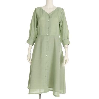 リネン調フロントボタンVネックワンピース