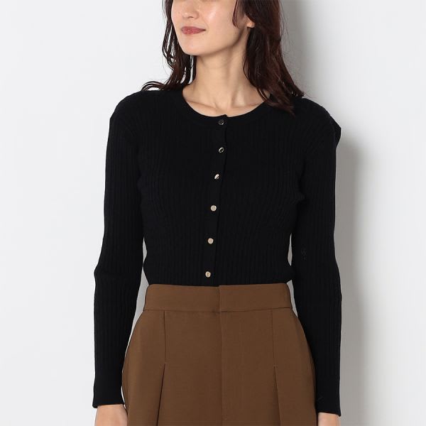 ゴールドボタンアクセントコンパクトクルーネックカーディガン