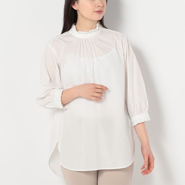 バックボタンフリルネックブラウス