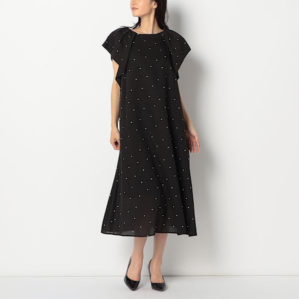 刺繍ドットAラインフレアワンピース