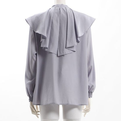 パールボタンフリルカラーブラウス