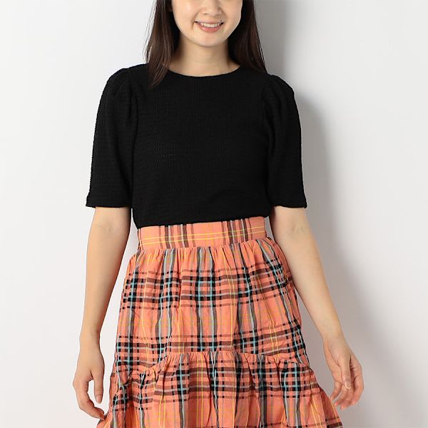 パフスリーブラウンドネックカットソー