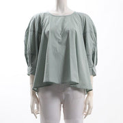 ストライプ柄ボリュームスリーブブラウス