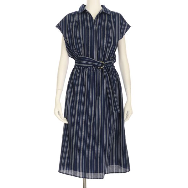 Dカンベルトデザインストライプ柄ワンピース