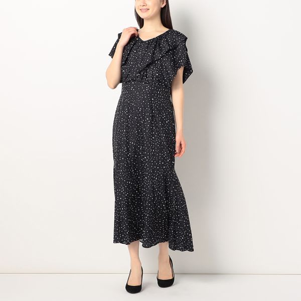 フロントフリルデザインランダムドット柄ワンピース