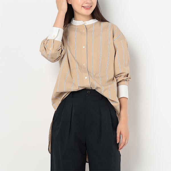 ストライプ柄バンドカラーシャツ