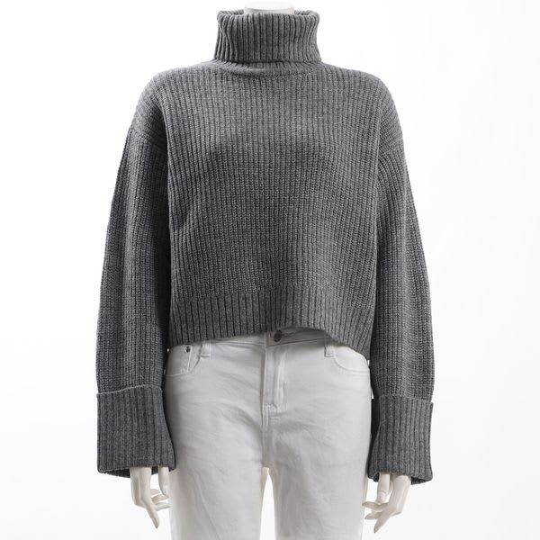 お袖折り返しデザインタートルネックニット