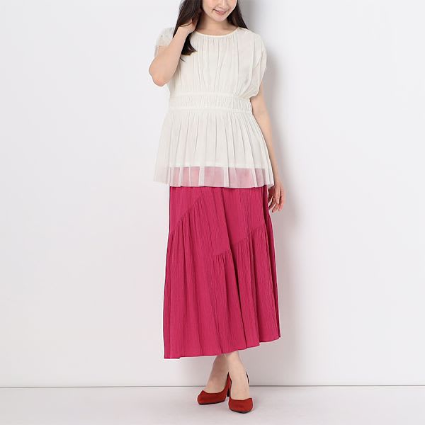 シアー素材ギャザーデザインブラウス