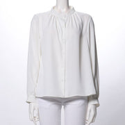 クルーネックギャザーフロントボタンブラウス