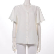 ゴールドバー釦前開きVネックブラウス