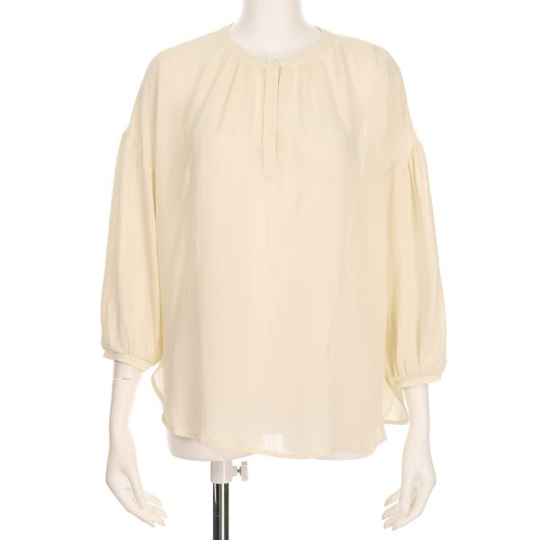 ストライプドロップショルダーヘンリーネックブラウス