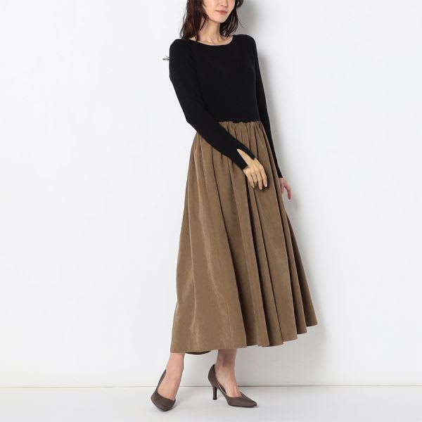 ボートネックリブニットドッキングワンピース