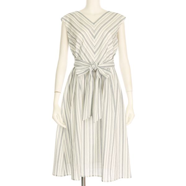 マルチストライプ柄ウエストリボンワンピース